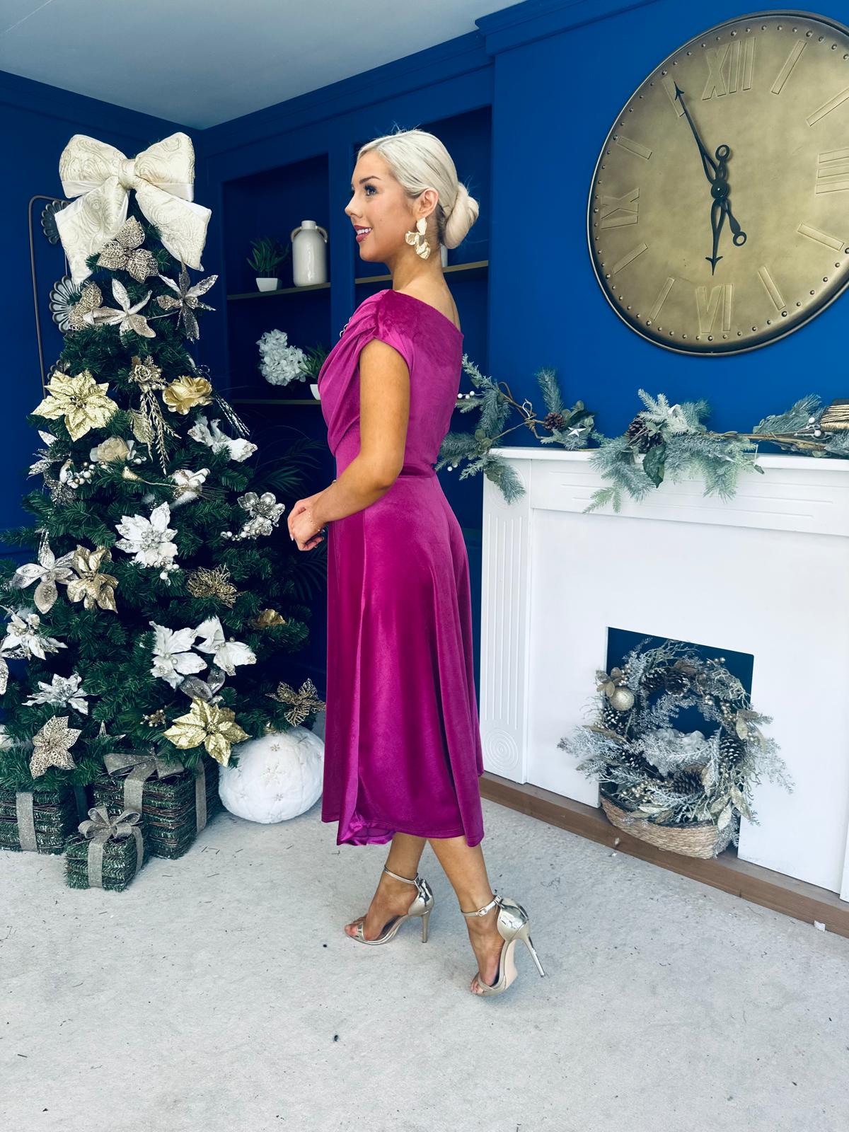 Imogen Gold Broach Velvet Midi Dress Orchid
