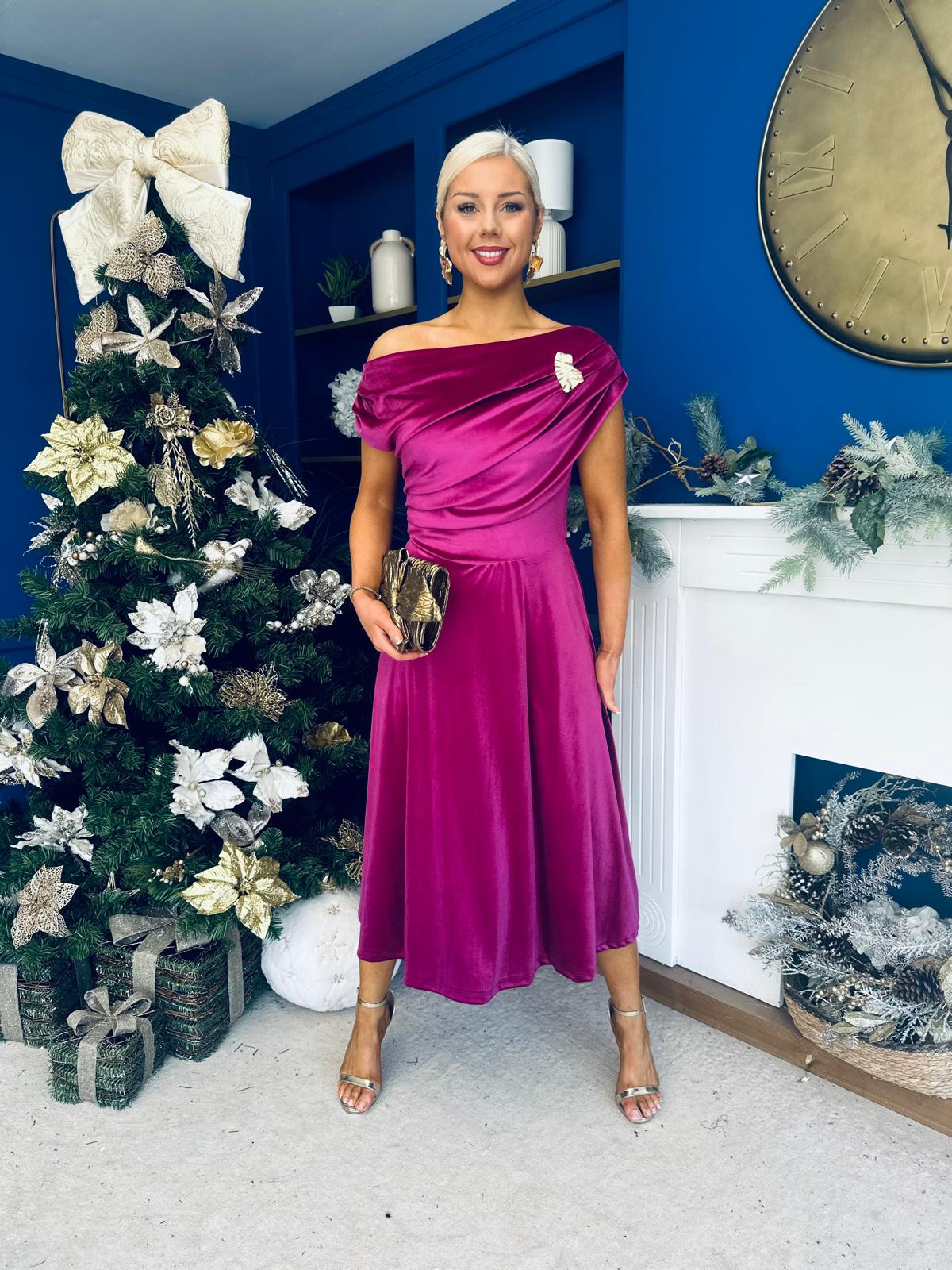Imogen Gold Broach Velvet Midi Dress Orchid