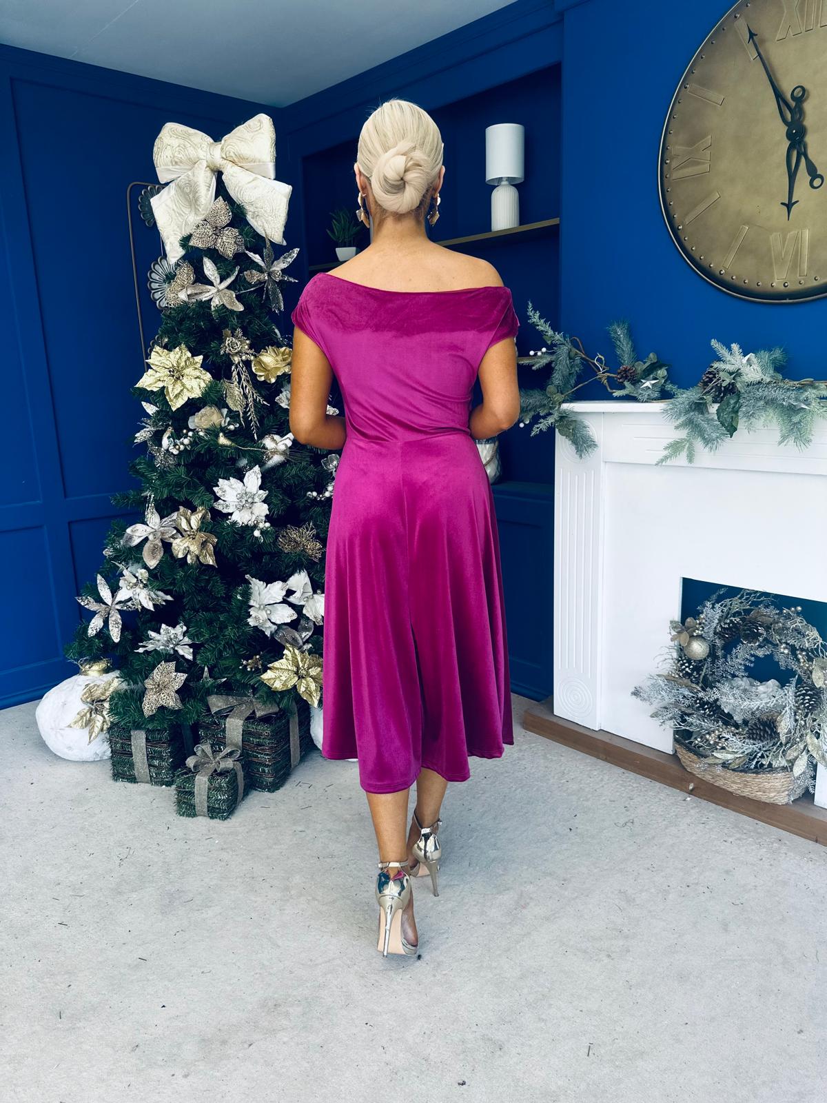 Imogen Gold Broach Velvet Midi Dress Orchid