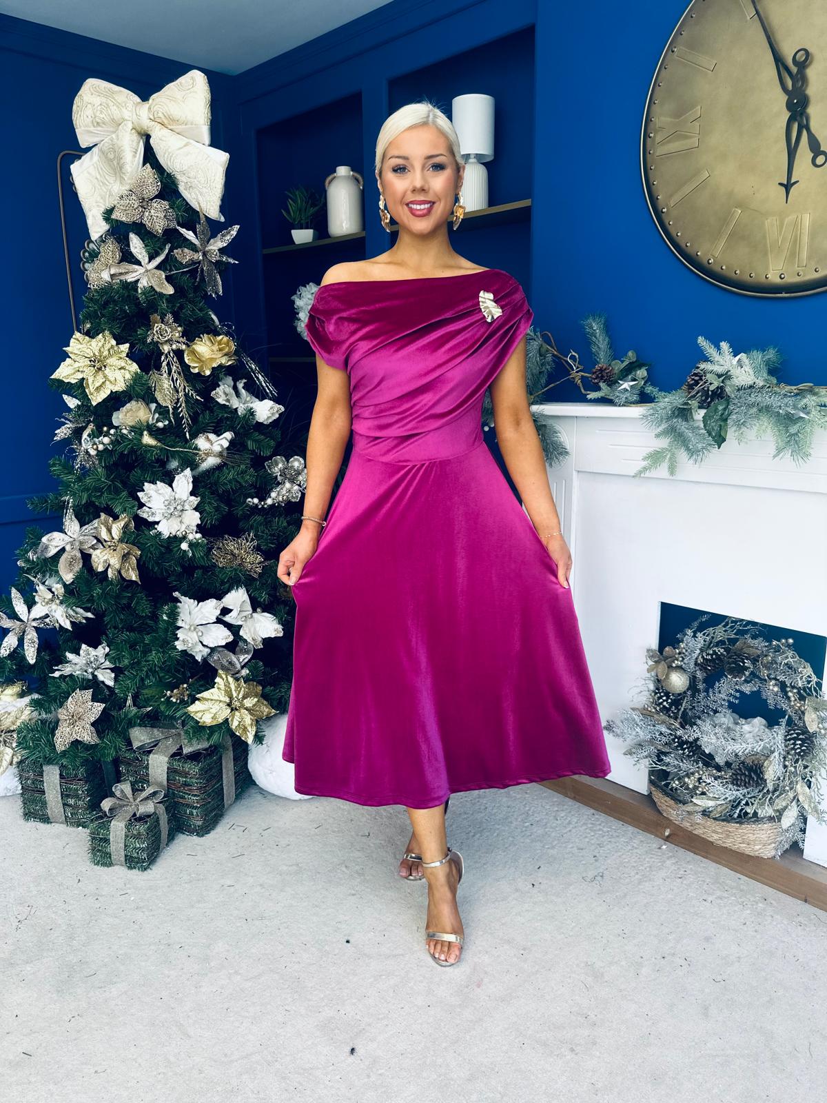 Imogen Gold Broach Velvet Midi Dress Orchid