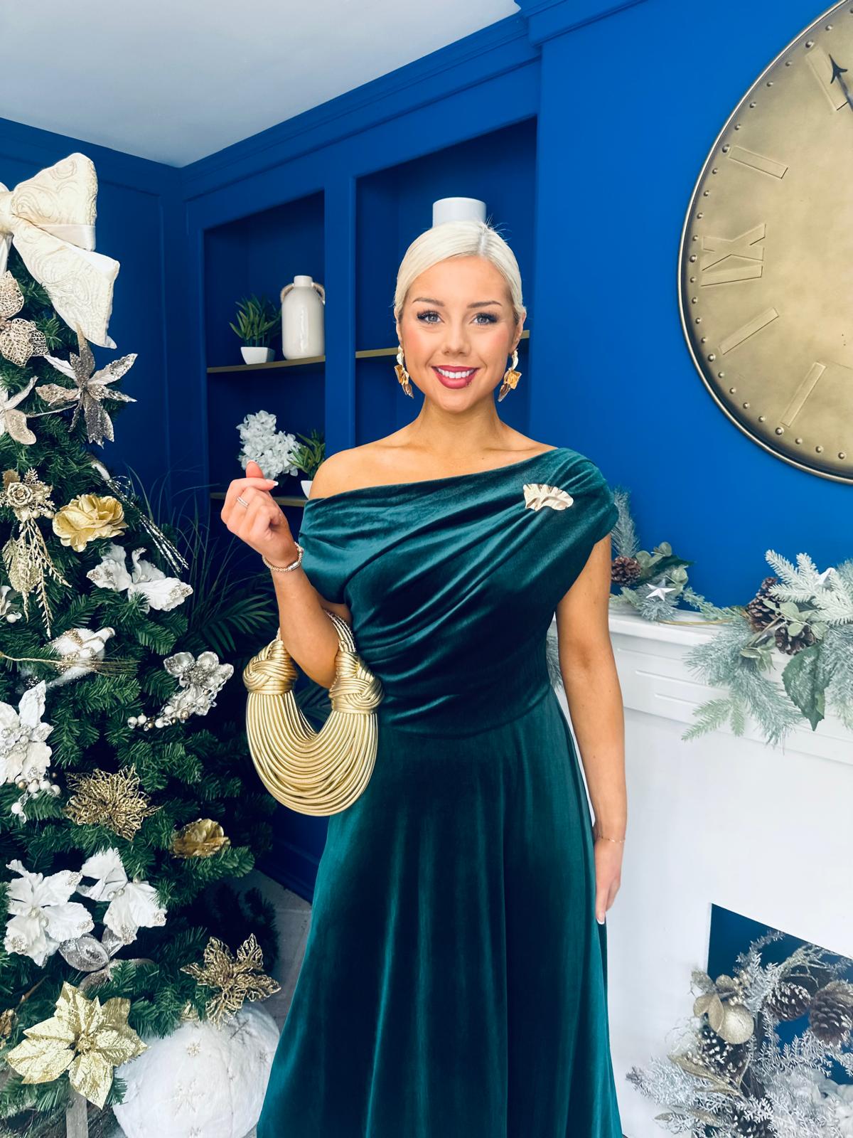 Imogen Gold Brooch Velvet Midi Dress Forest