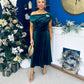 Imogen Gold Brooch Velvet Midi Dress Forest