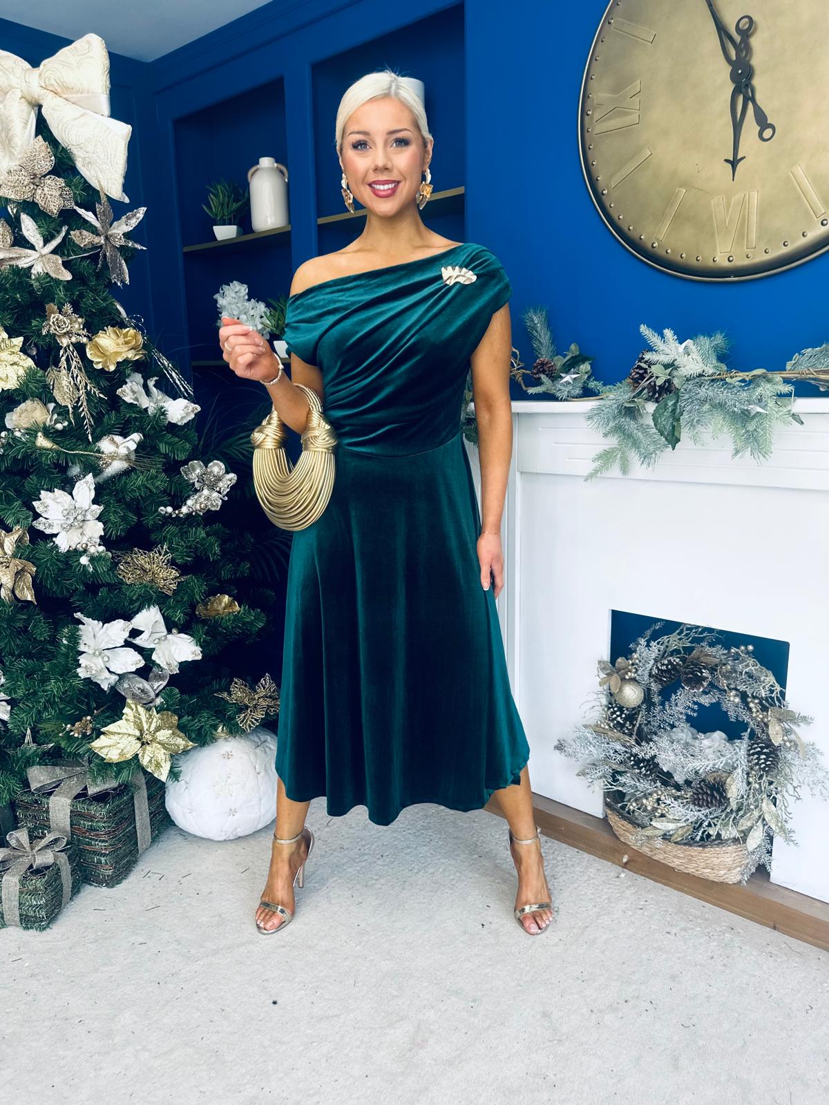 Imogen Gold Brooch Velvet Midi Dress Forest