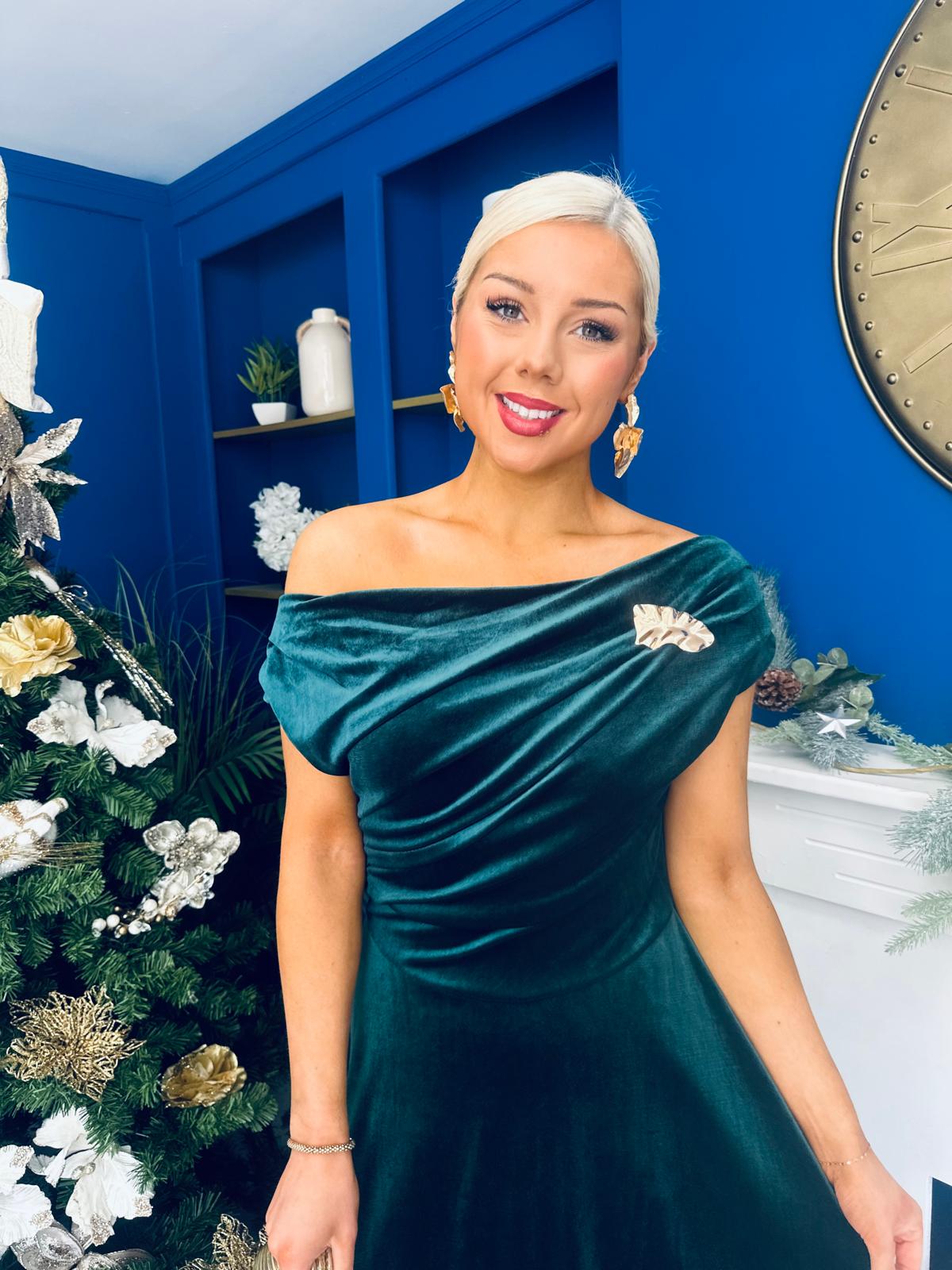 Imogen Gold Brooch Velvet Midi Dress Forest