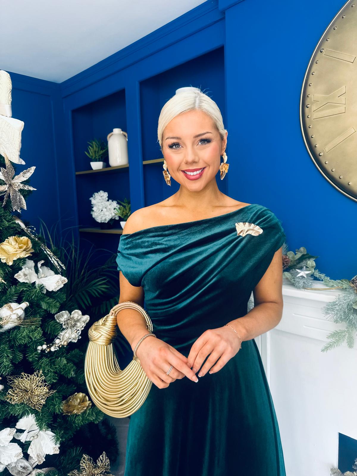 Imogen Gold Brooch Velvet Midi Dress Forest
