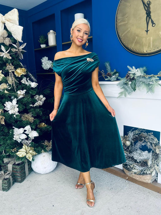 Imogen Gold Broach Velvet Midi Dress Forest