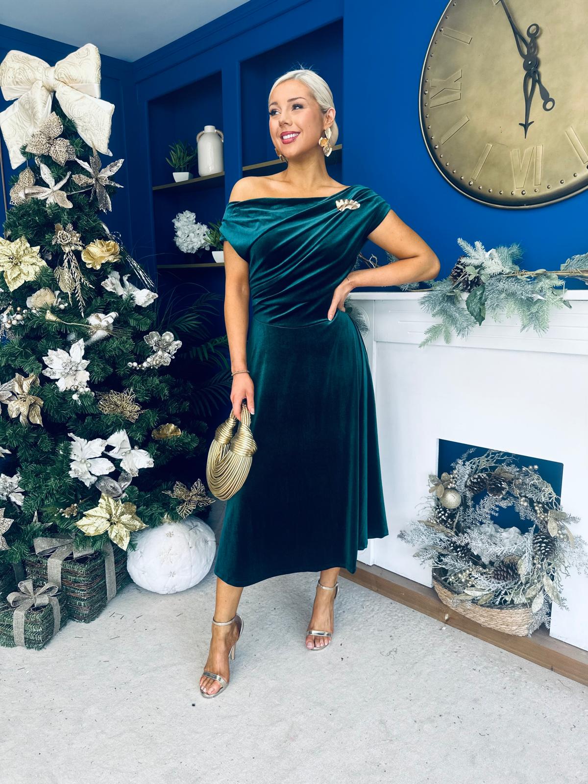 Imogen Gold Brooch Velvet Midi Dress Forest