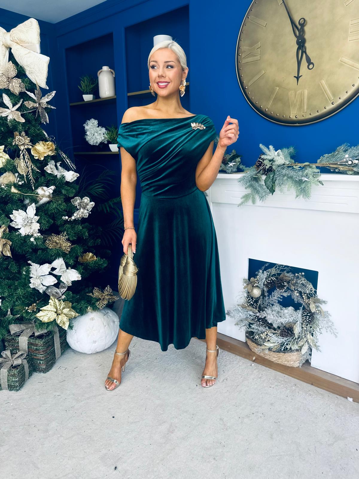 Imogen Gold Brooch Velvet Midi Dress Forest