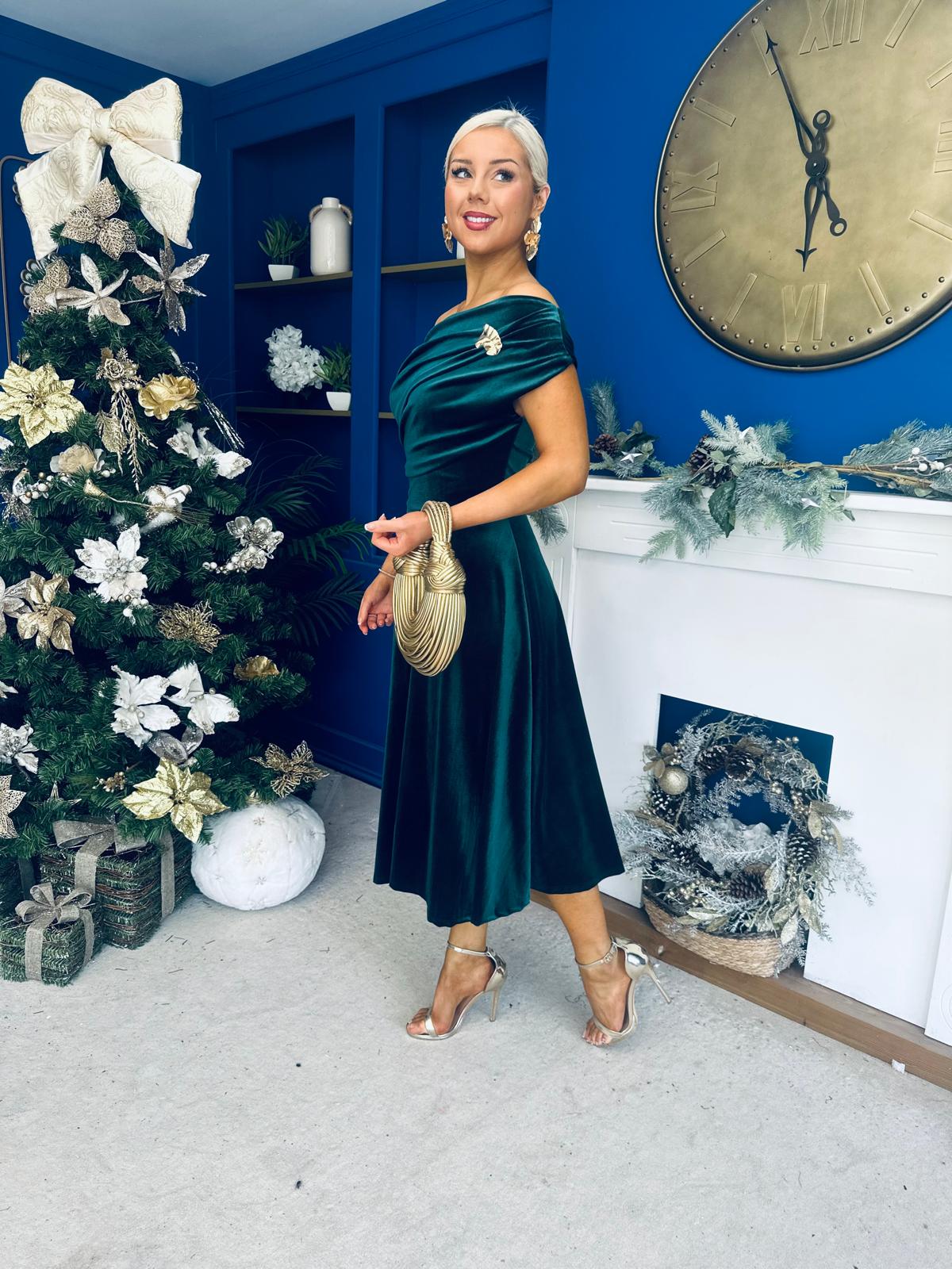 Imogen Gold Brooch Velvet Midi Dress Forest