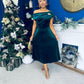 Imogen Gold Brooch Velvet Midi Dress Forest