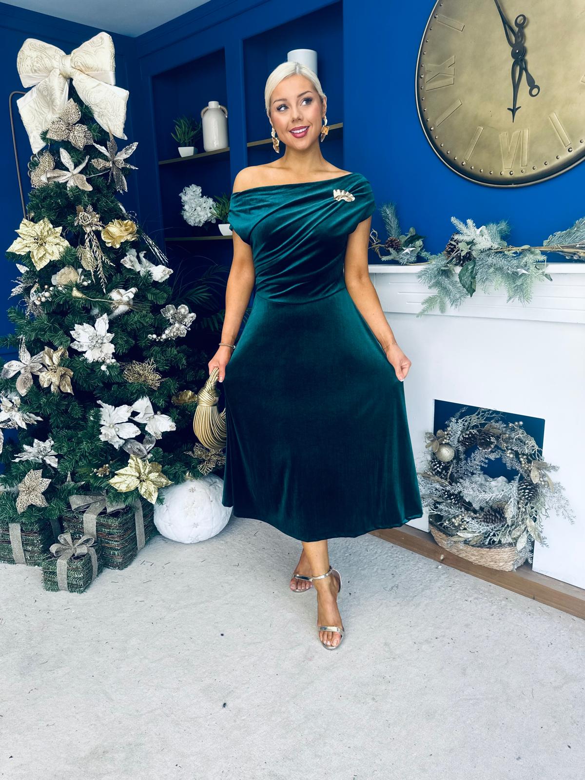 Imogen Gold Brooch Velvet Midi Dress Forest