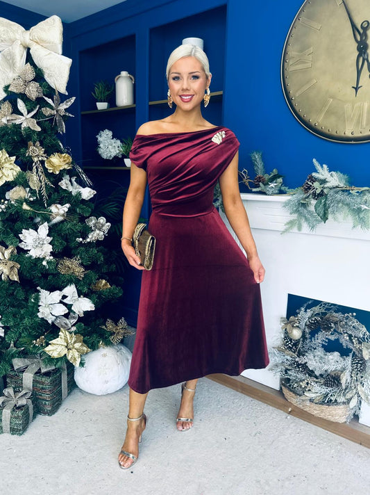 Imogen Gold Broach Velvet Midi Dress Wine