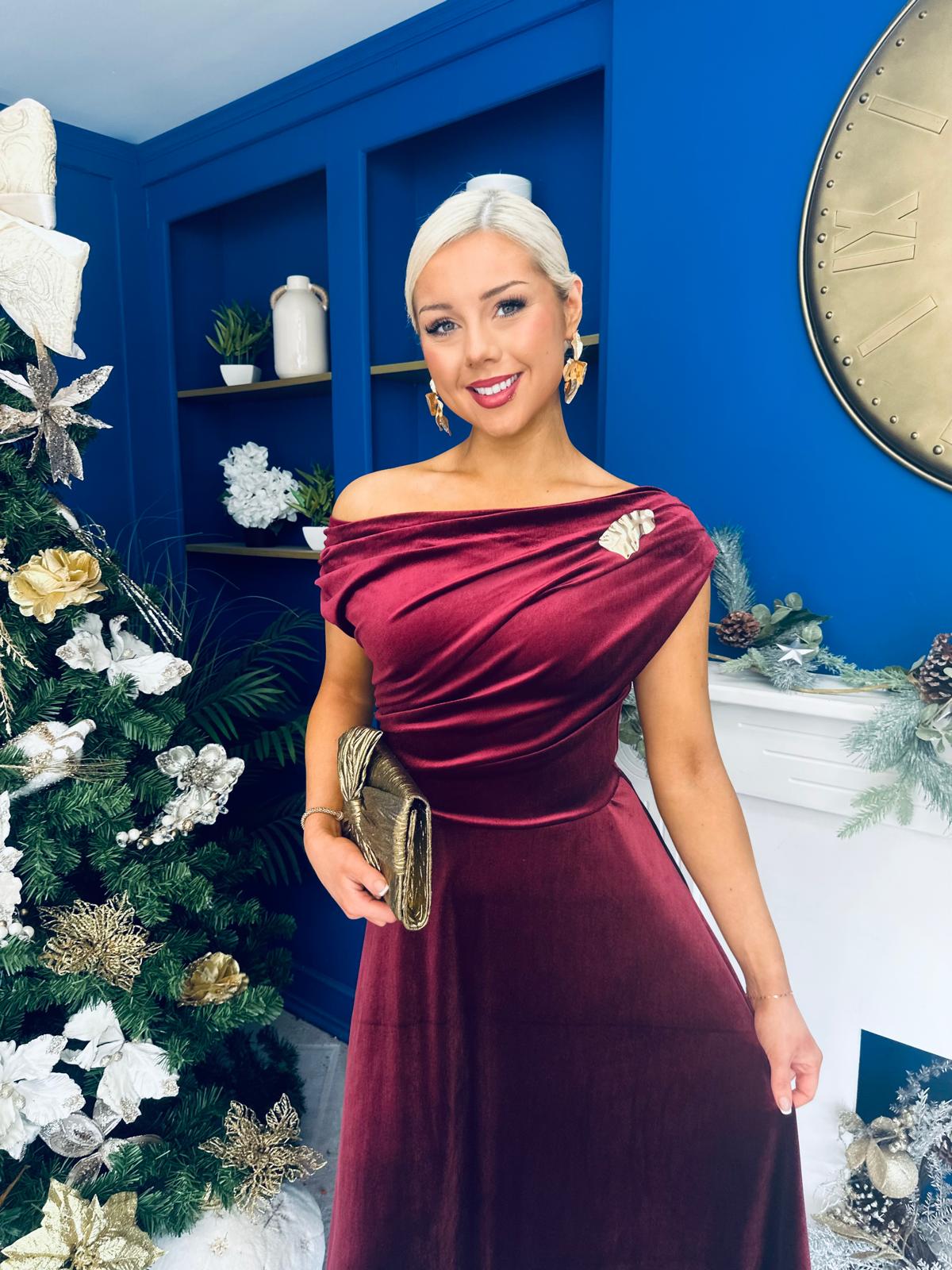 Imogen Gold Broach Velvet Midi Dress Wine