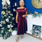 Imogen Gold Broach Velvet Midi Dress Wine