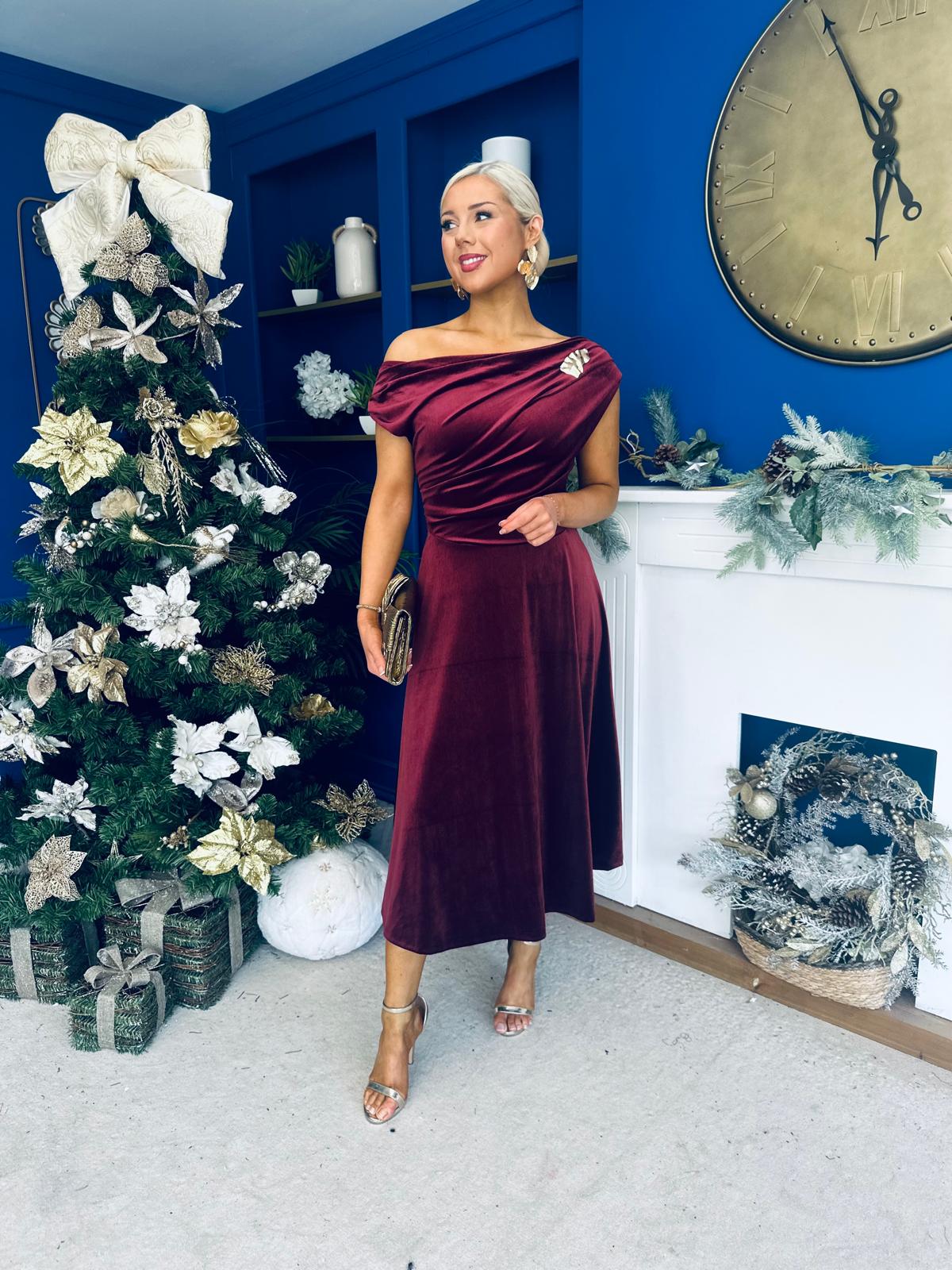 Imogen Gold Broach Velvet Midi Dress Wine