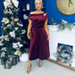 Imogen Gold Broach Velvet Midi Dress Wine