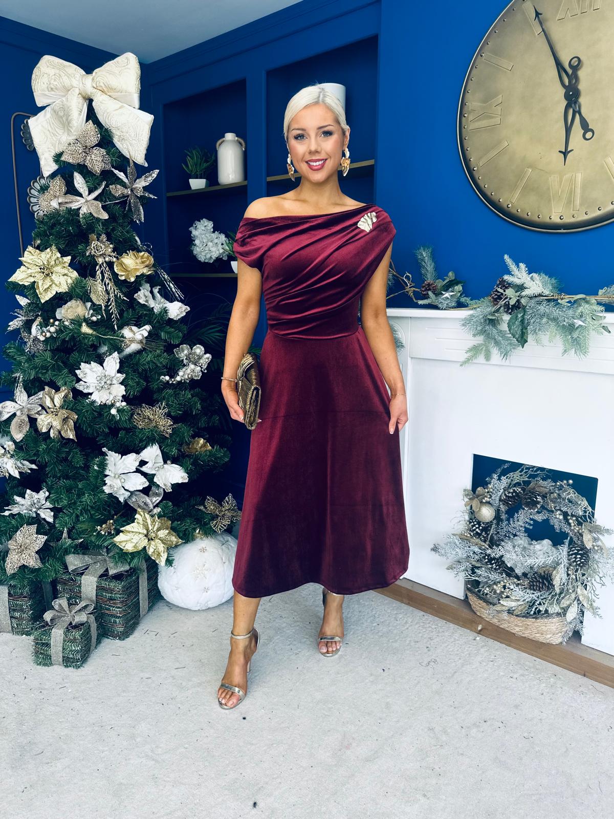 Imogen Gold Broach Velvet Midi Dress Wine