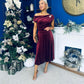 Imogen Gold Broach Velvet Midi Dress Wine