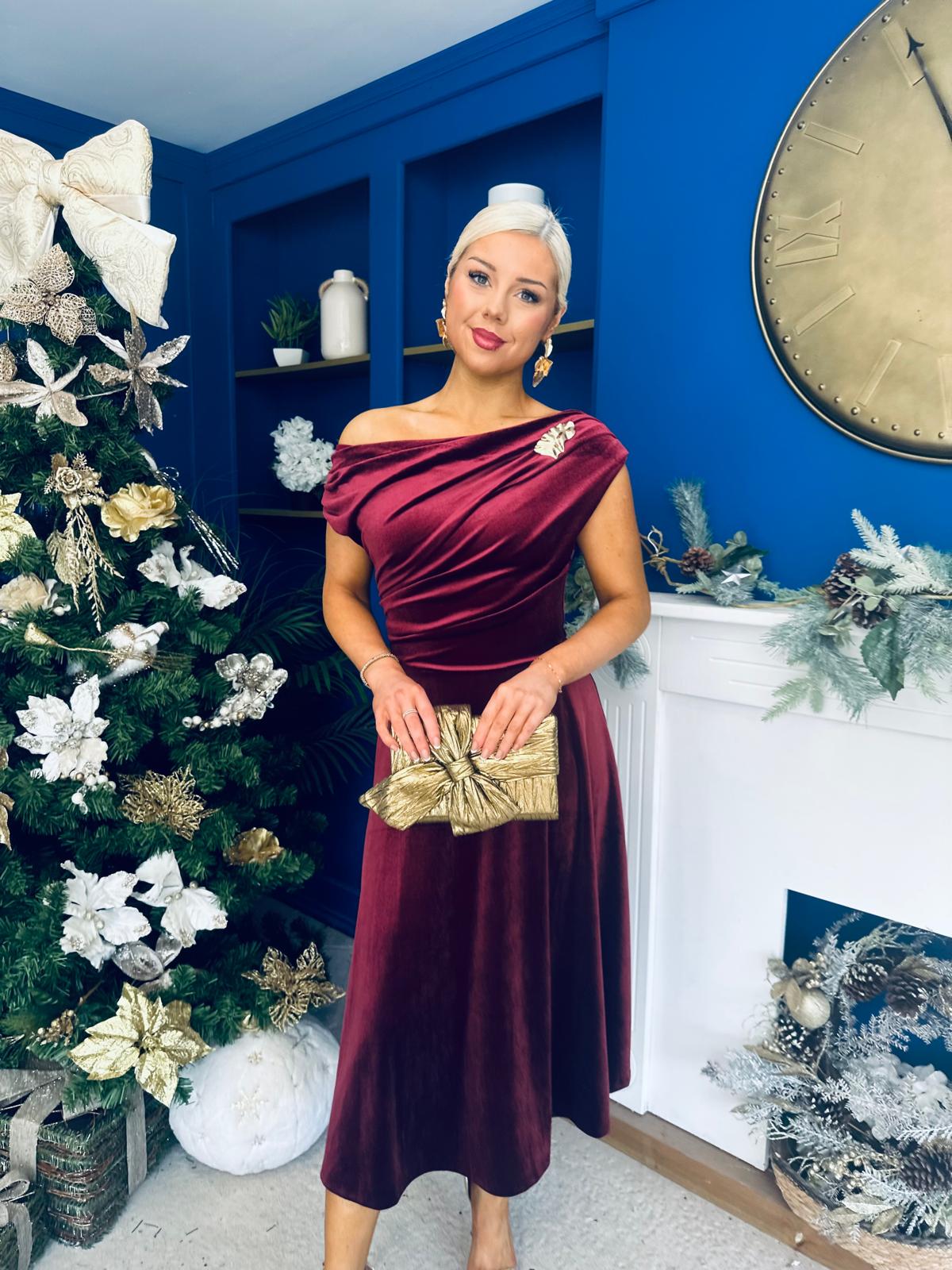 Imogen Gold Broach Velvet Midi Dress Wine