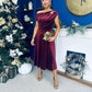 Imogen Gold Broach Velvet Midi Dress Wine