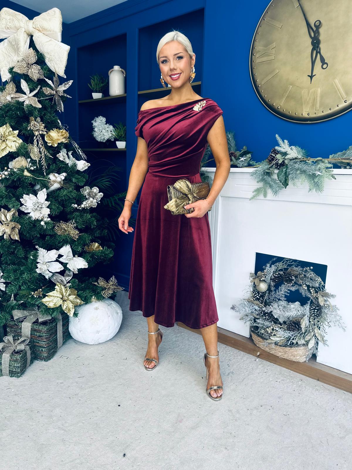Imogen Gold Broach Velvet Midi Dress Wine