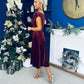 Imogen Gold Broach Velvet Midi Dress Wine