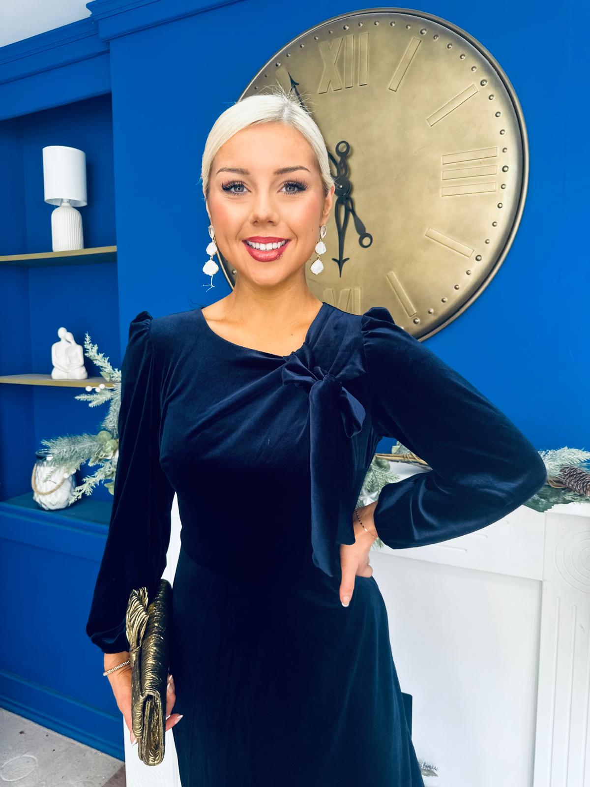 Lindsey Bow Detail Velvet Occasion Dress Navy