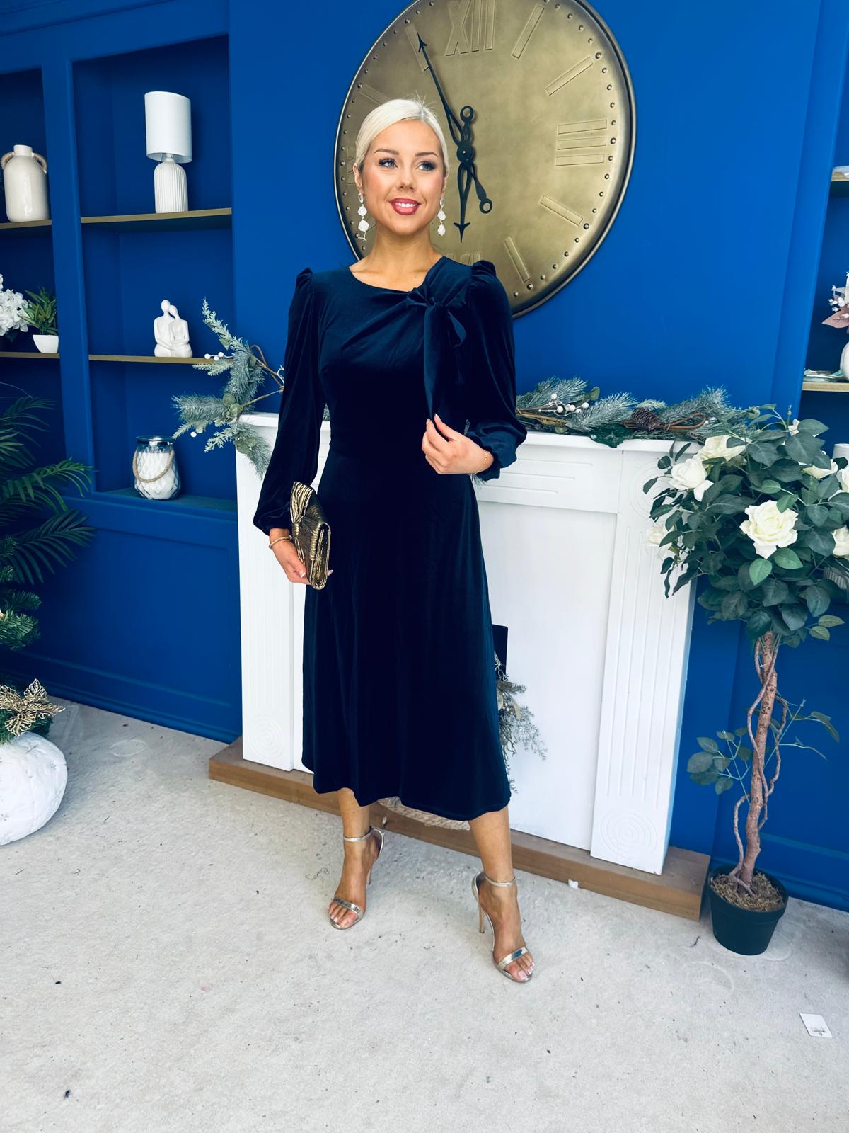 Lindsey Bow Detail Velvet Occasion Dress Navy