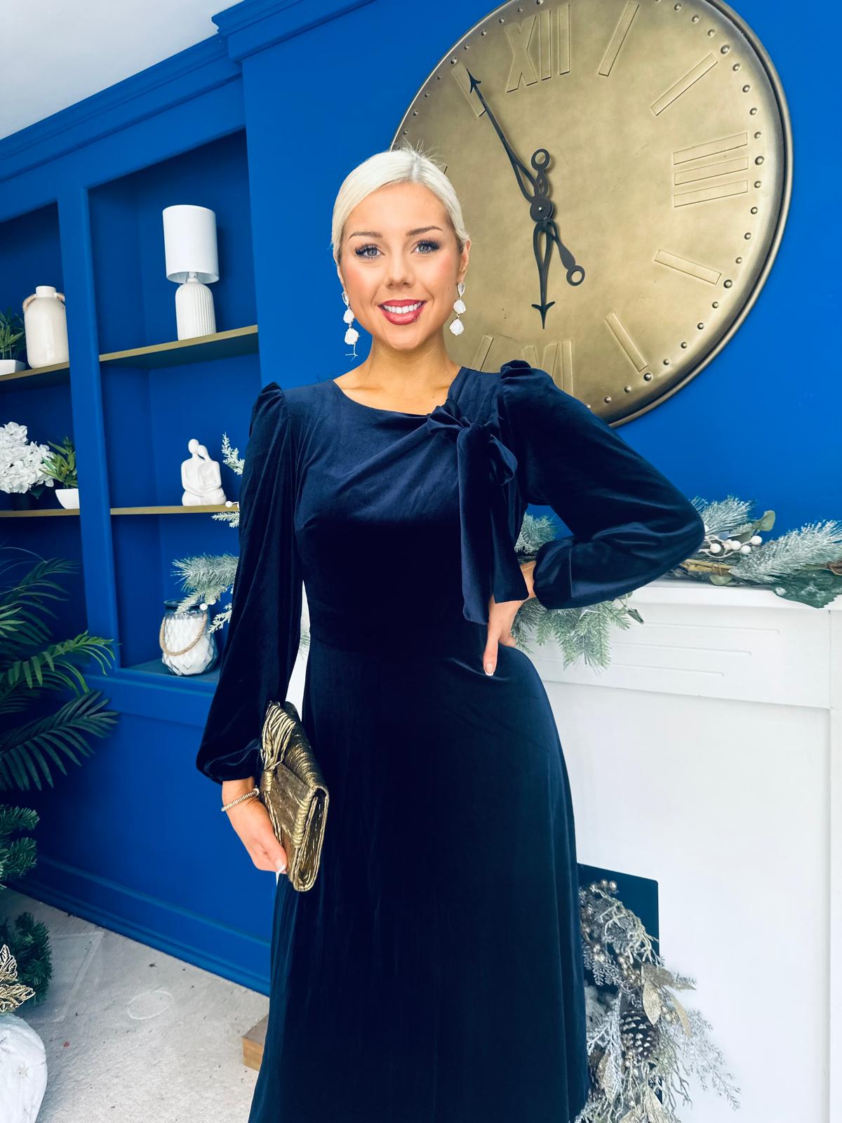 Lindsey Bow Detail Velvet Occasion Dress Navy