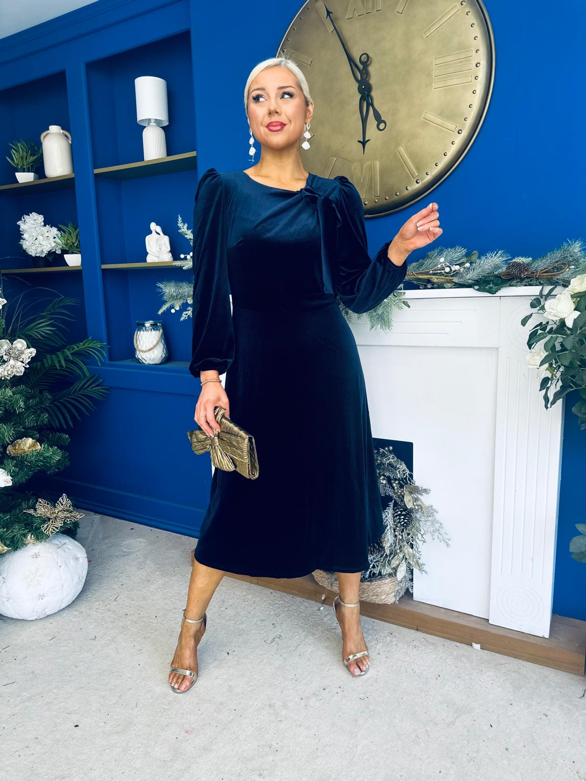 Lindsey Bow Detail Velvet Occasion Dress Navy