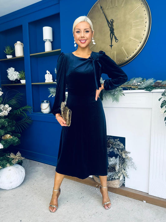 Lindsey Bow Detail Velvet Occasion Dress Navy
