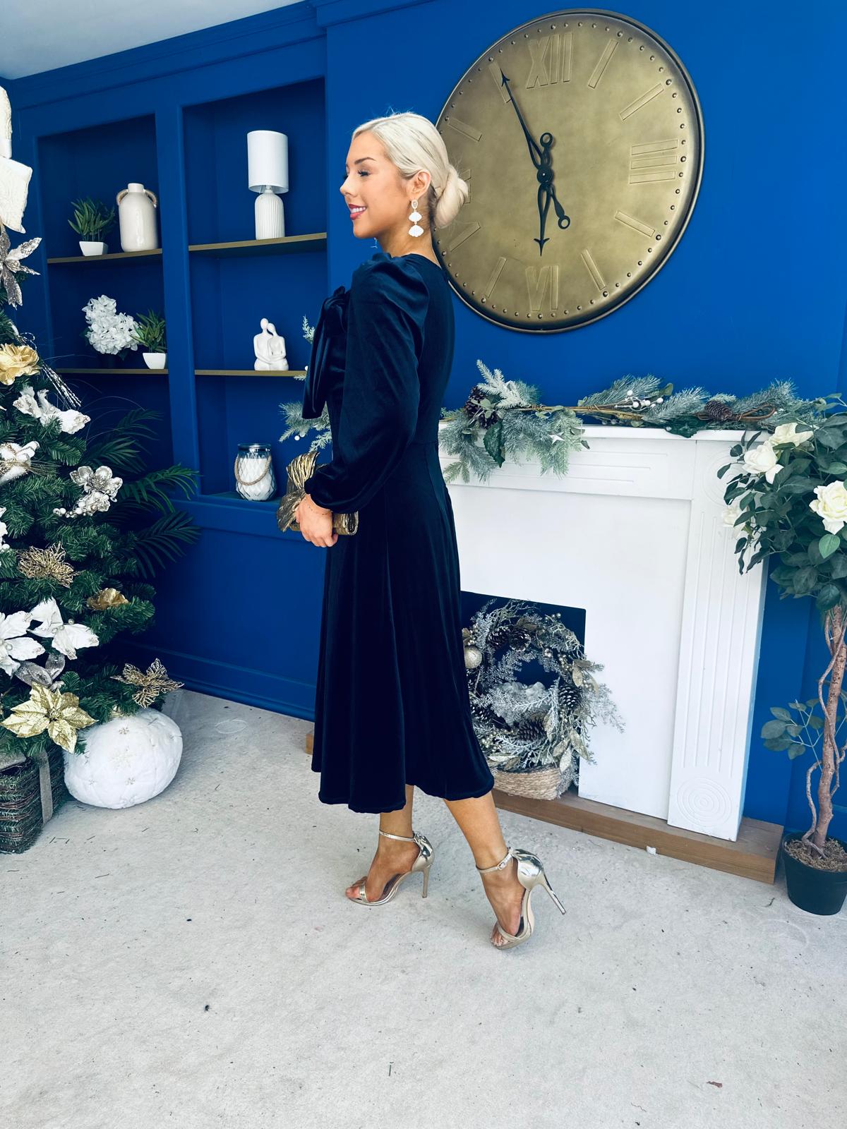 Lindsey Bow Detail Velvet Occasion Dress Navy