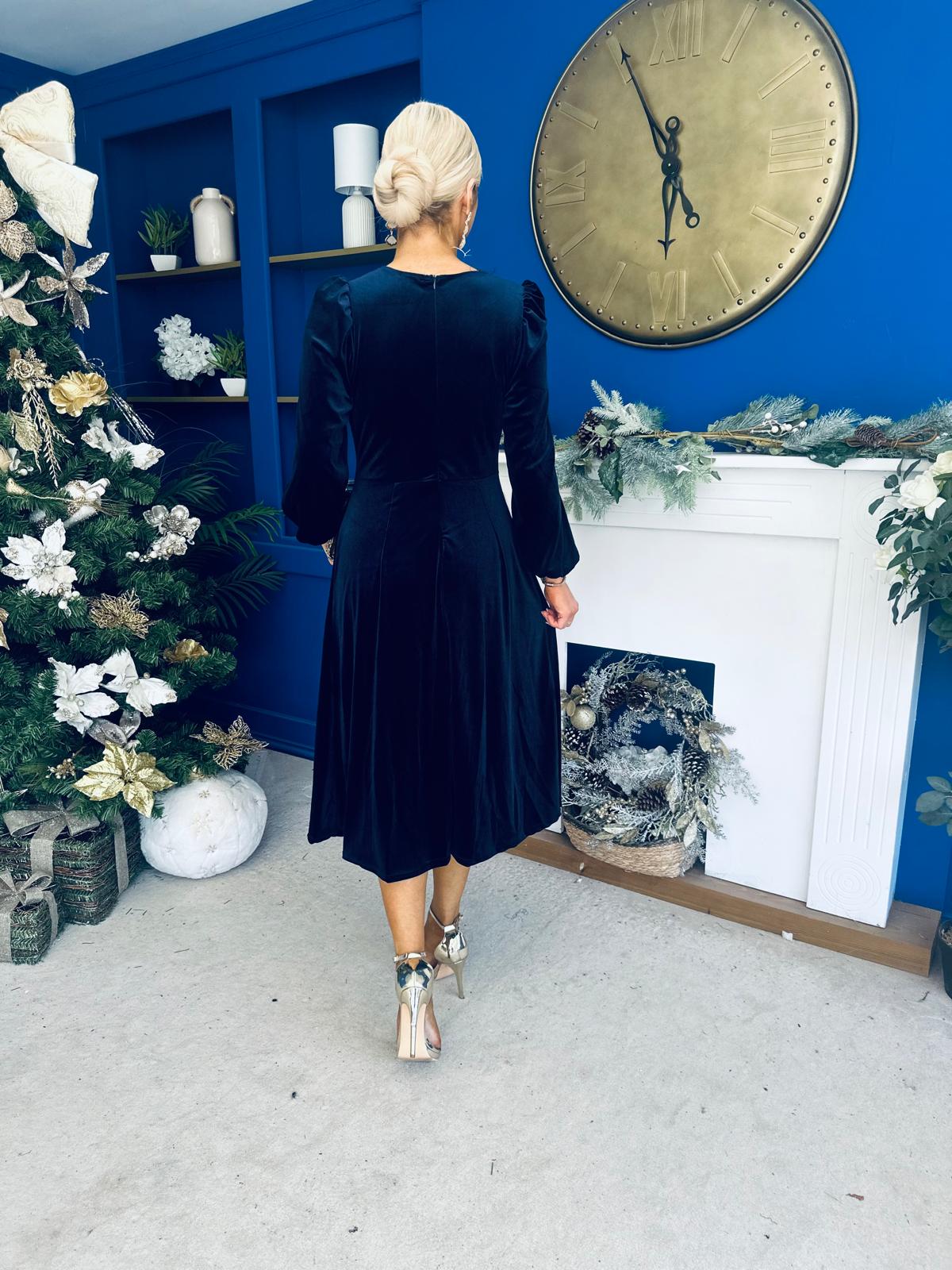 Lindsey Bow Detail Velvet Occasion Dress Navy