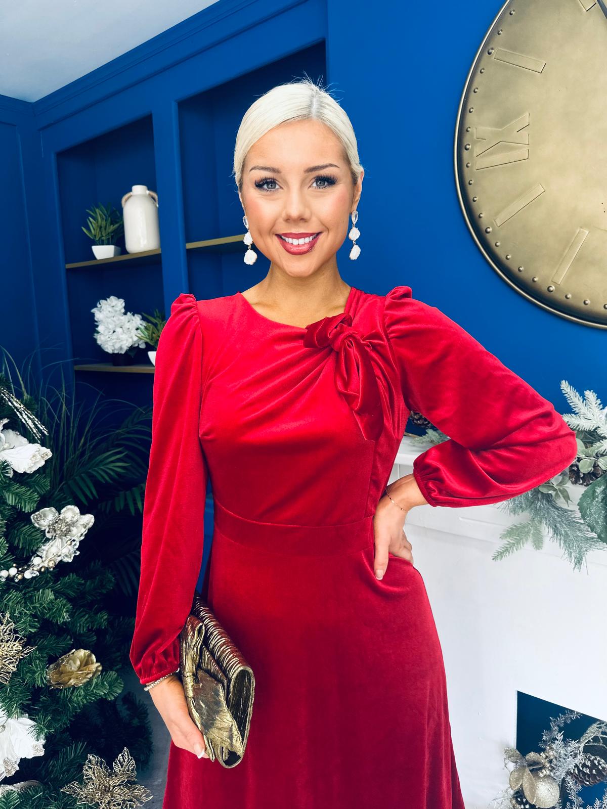 Lindsey Bow Detail Velvet Occasion Dress Red