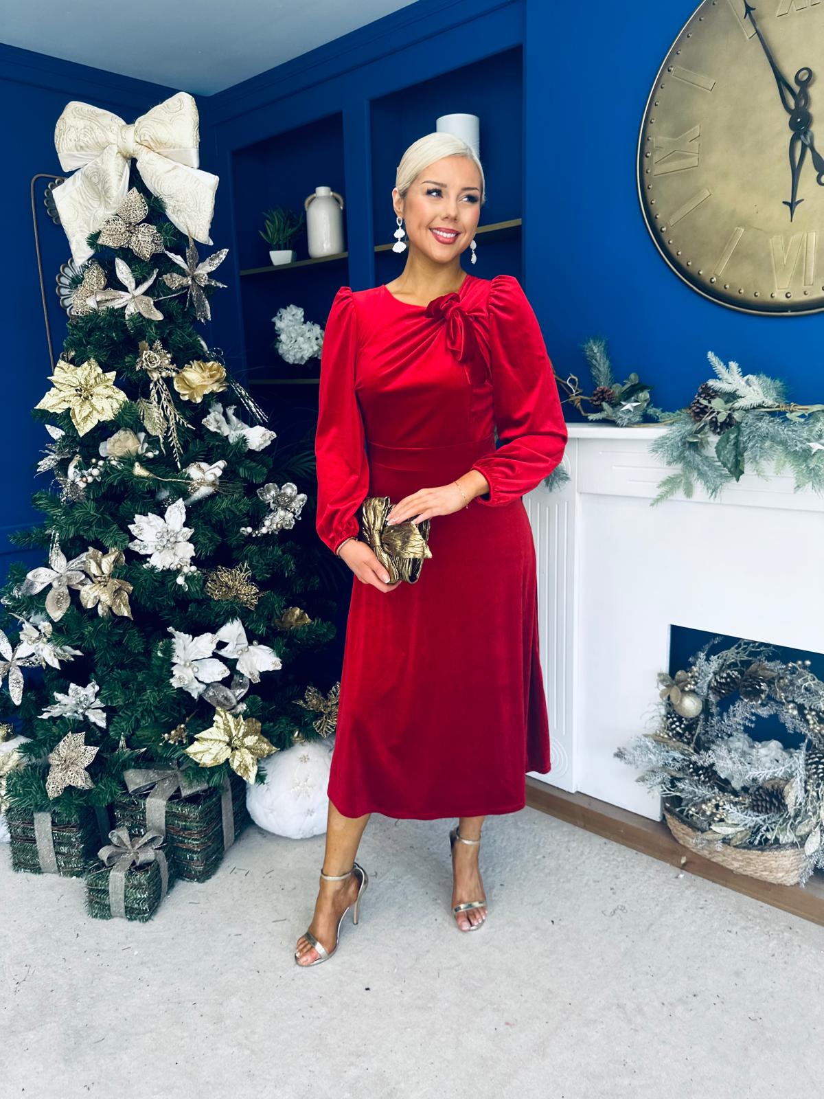 Lindsey Bow Detail Velvet Occasion Dress Red