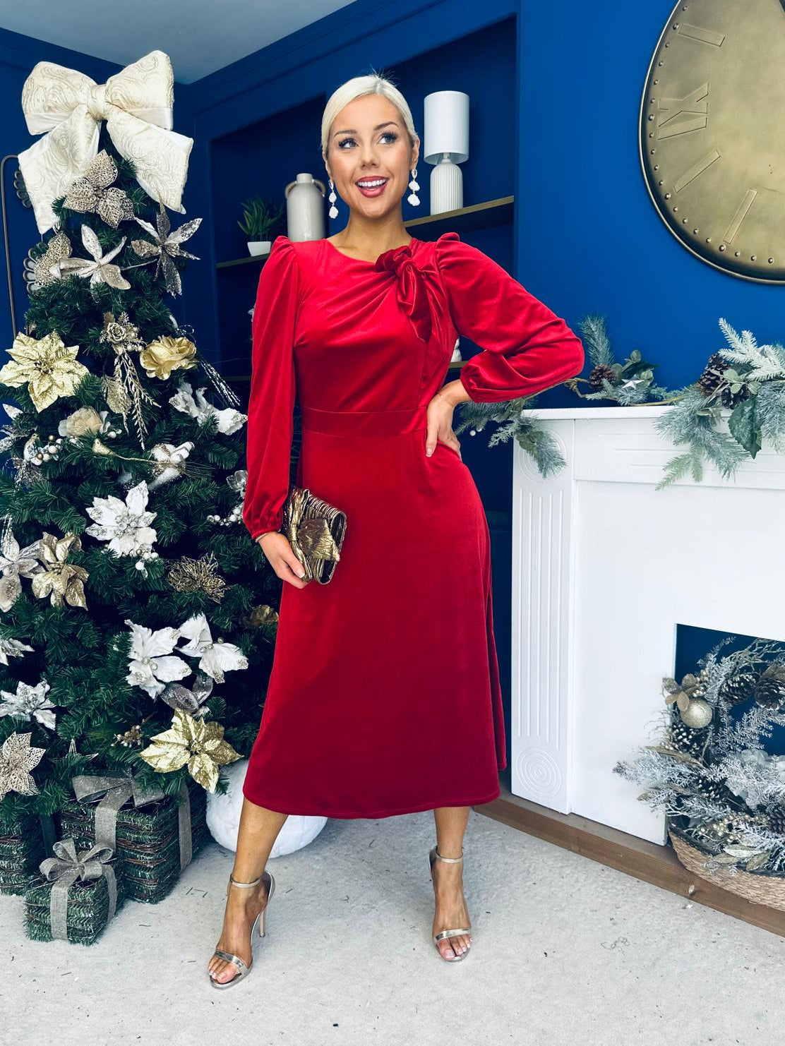 Lindsey Bow Detail Velvet Occasion Dress Red