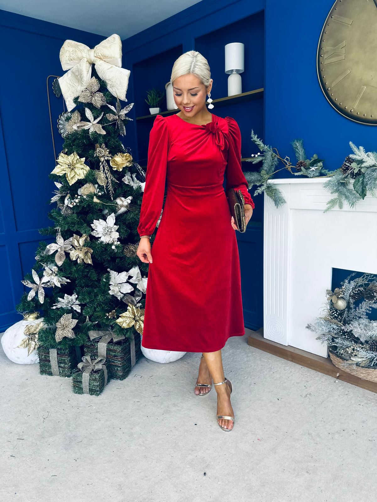 Lindsey Bow Detail Velvet Occasion Dress Red