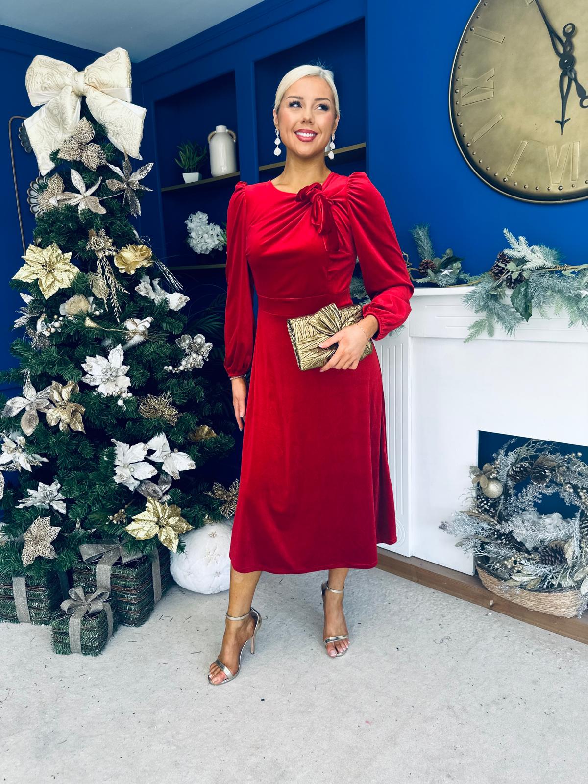 Lindsey Bow Detail Velvet Occasion Dress Red