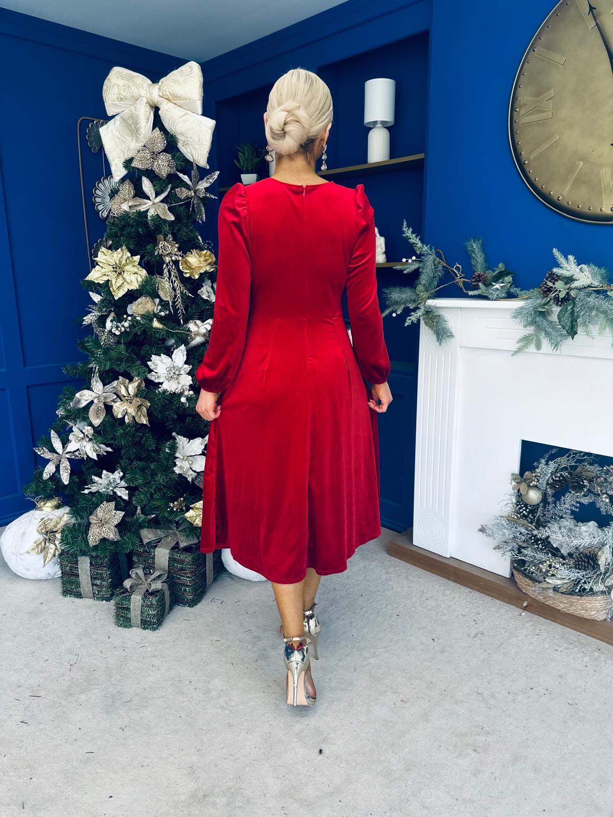 Lindsey Bow Detail Velvet Occasion Dress Red