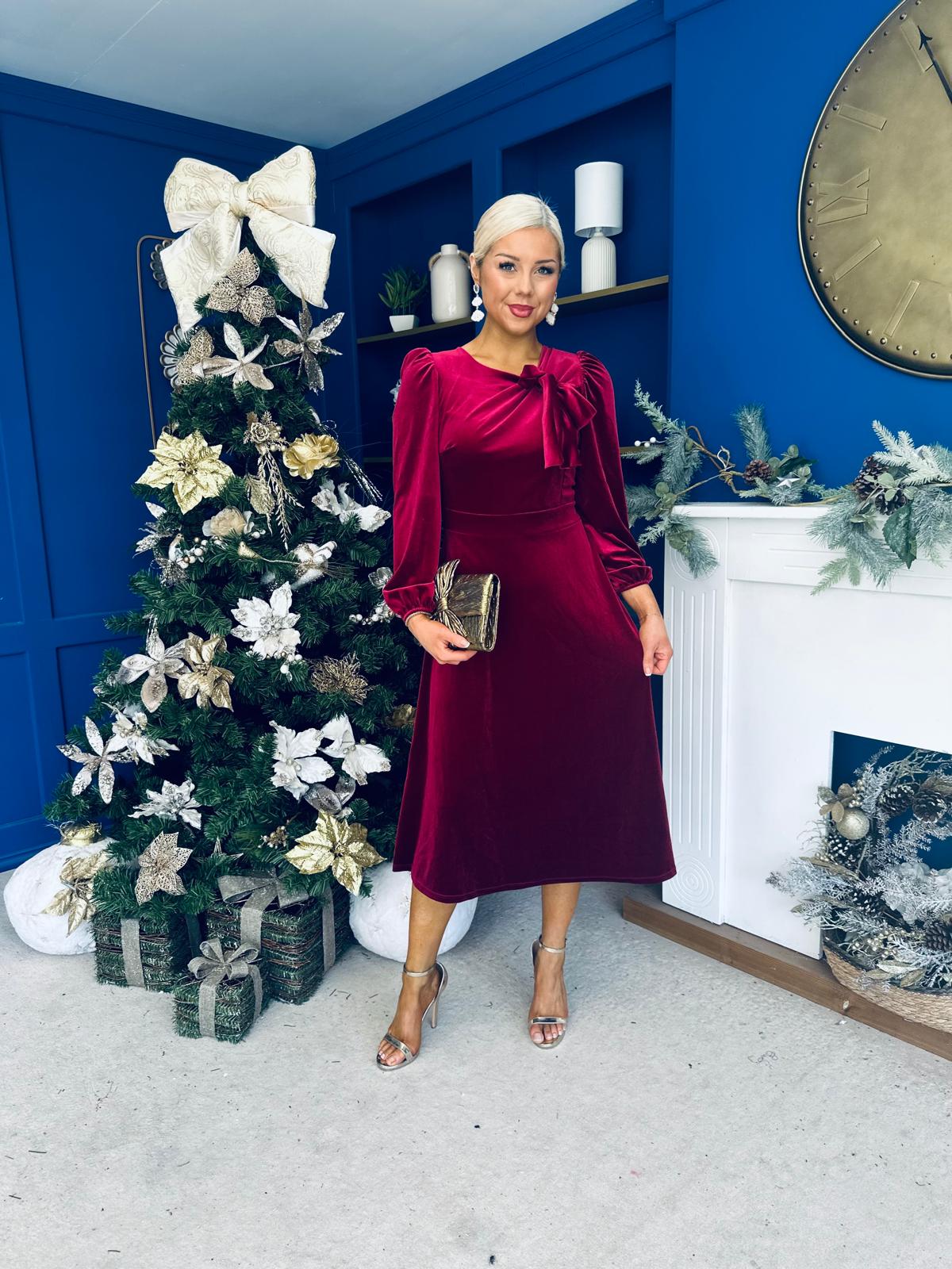 Lindsey Bow Detail Velvet Occasion Dress Wine