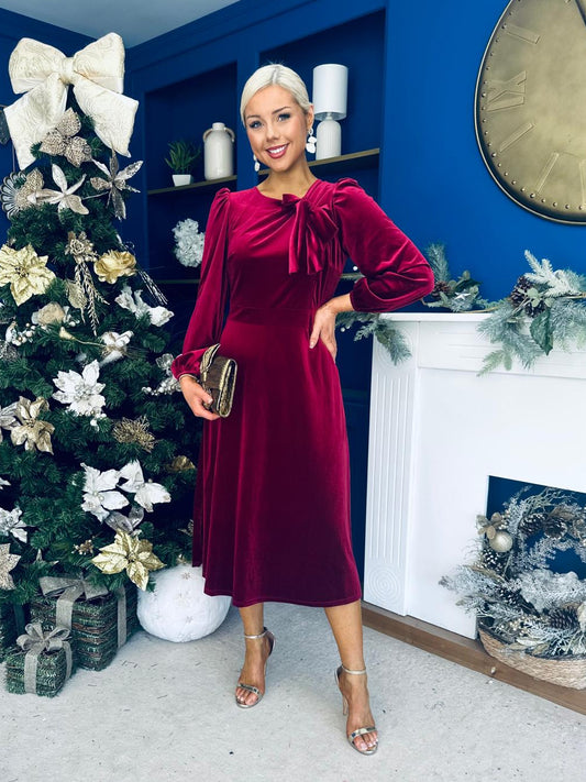 Lindsey Bow Detail Velvet Occasion Dress Wine
