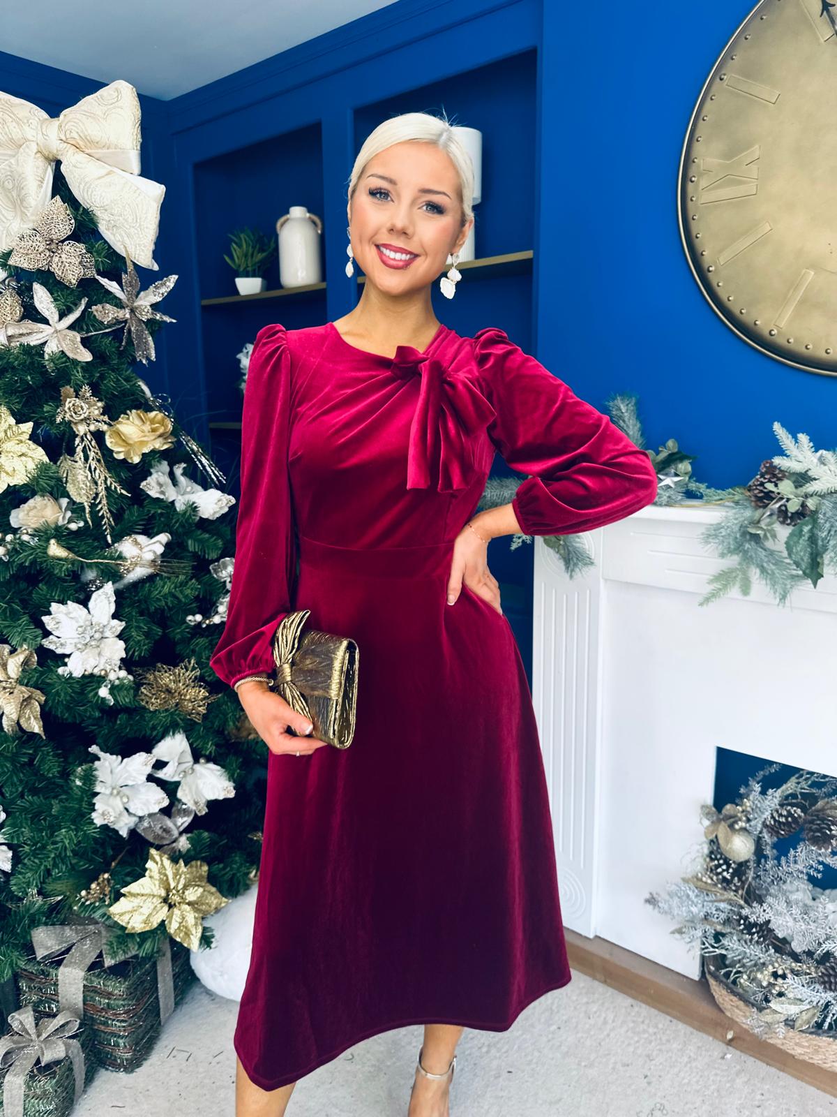 Lindsey Bow Detail Velvet Occasion Dress Wine