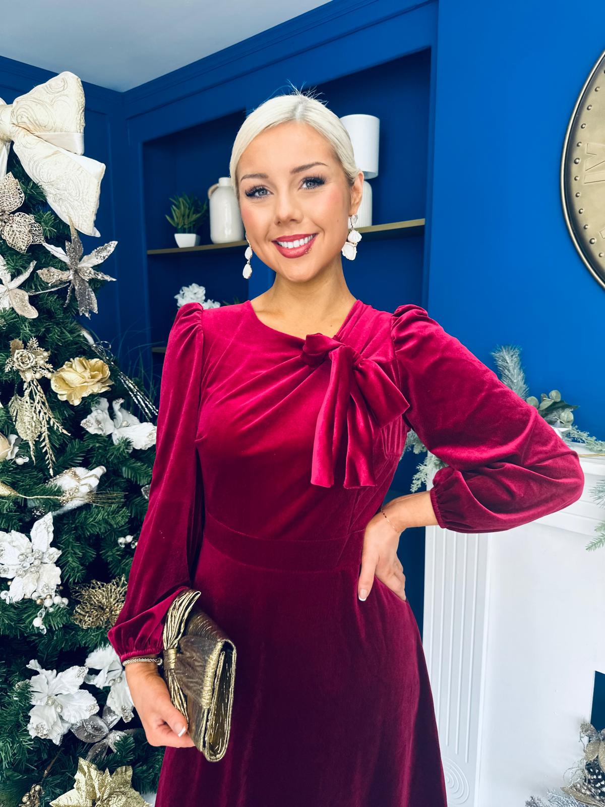 Lindsey Bow Detail Velvet Occasion Dress Wine
