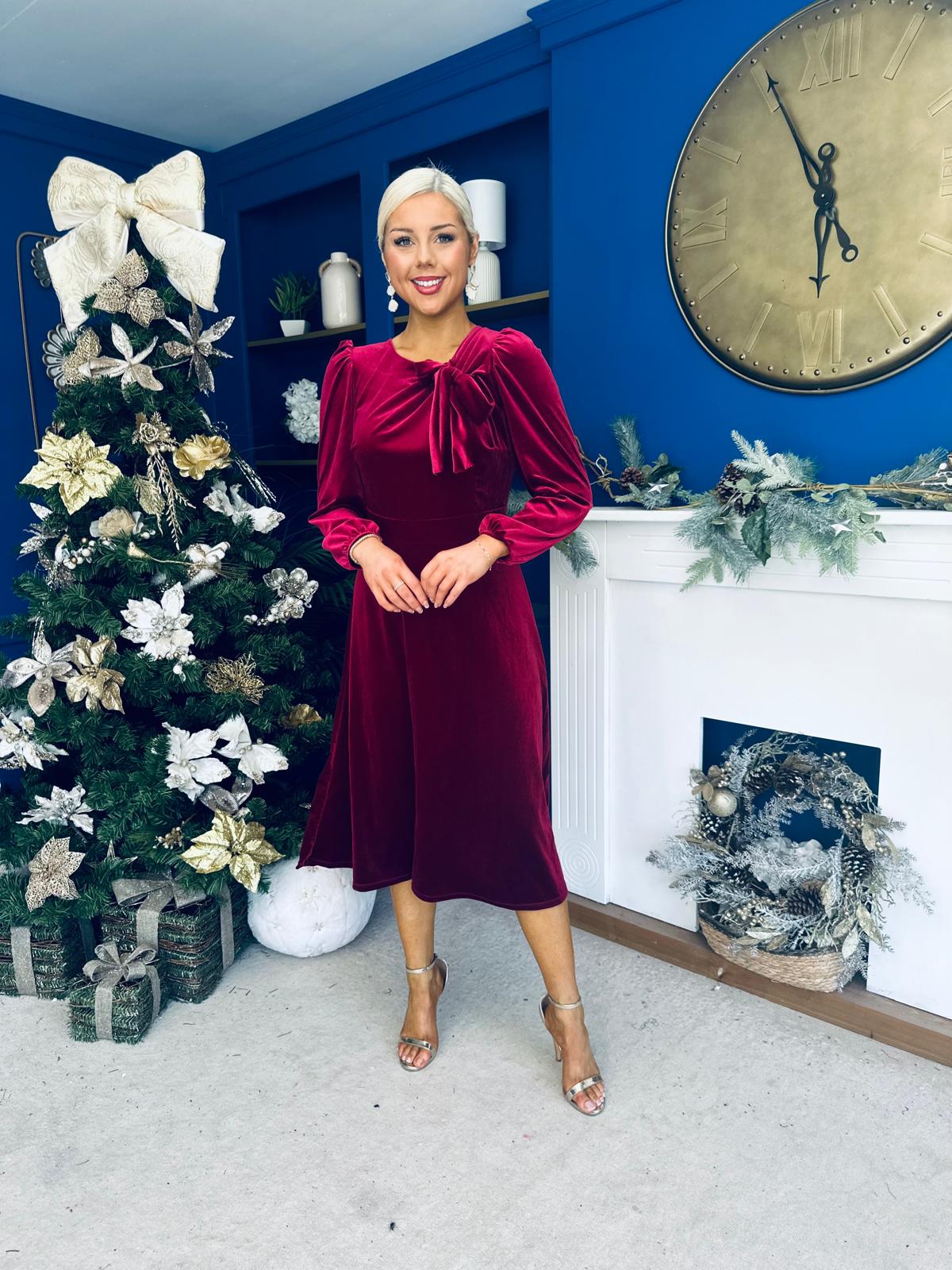 Lindsey Bow Detail Velvet Occasion Dress Wine