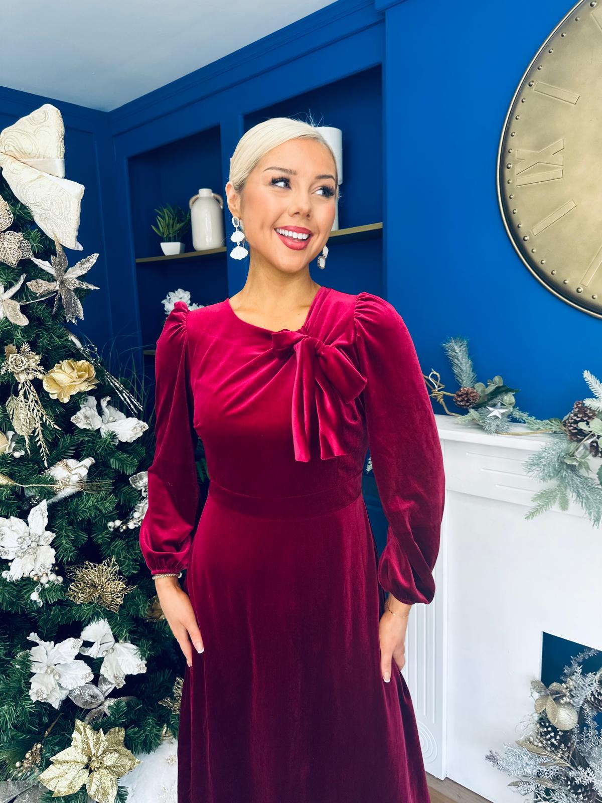 Lindsey Bow Detail Velvet Occasion Dress Wine