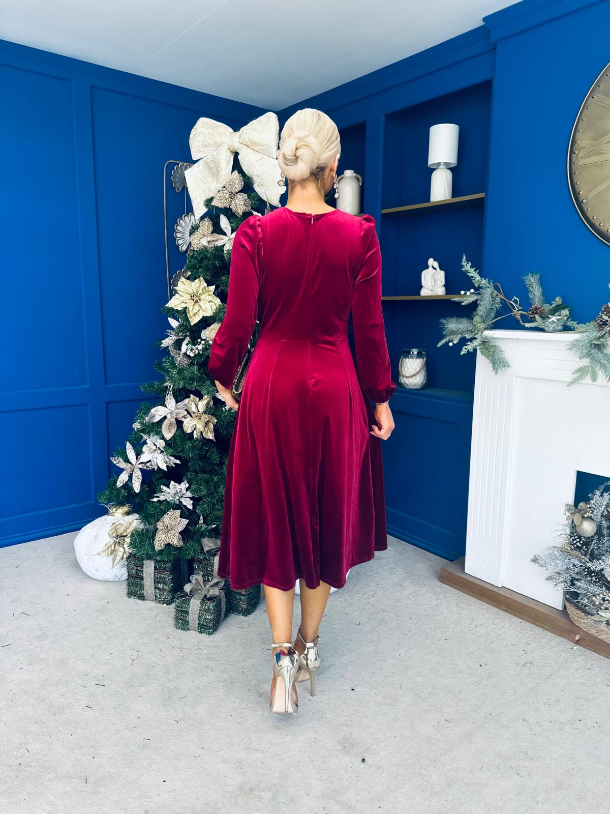 Lindsey Bow Detail Velvet Occasion Dress Wine