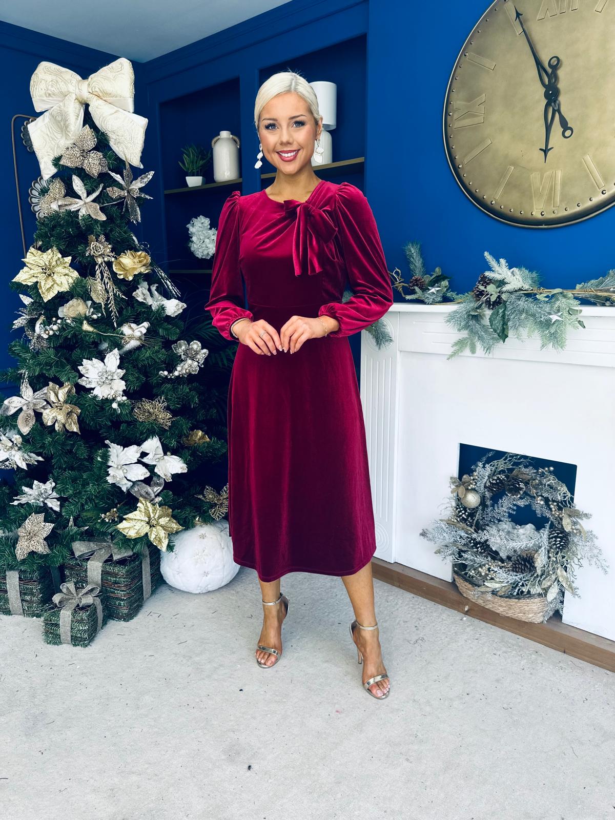 Lindsey Bow Detail Velvet Occasion Dress Wine