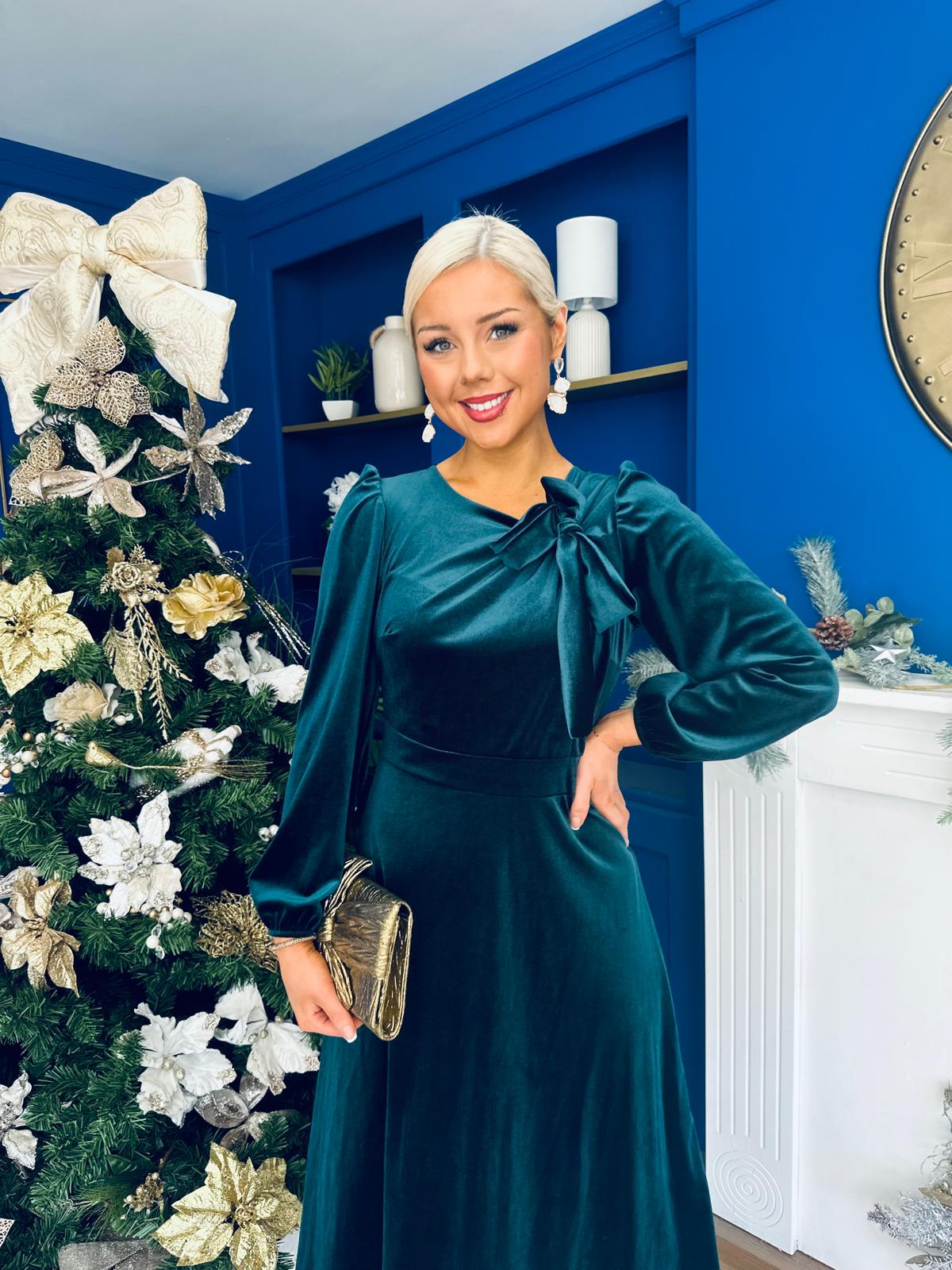 Lindsey Bow Detail Velvet Occasion Dress Forest