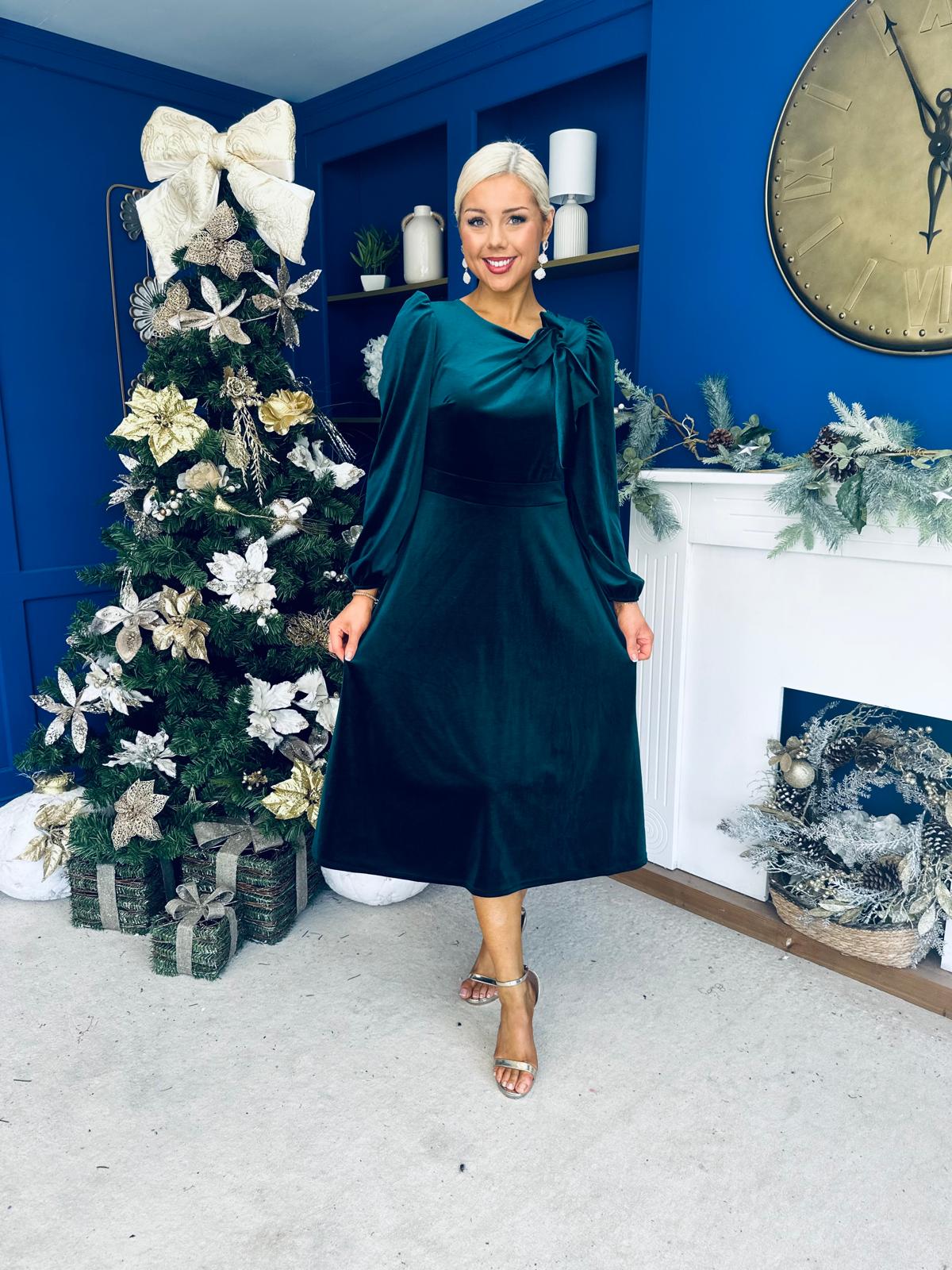 Lindsey Bow Detail Velvet Occasion Dress Forest
