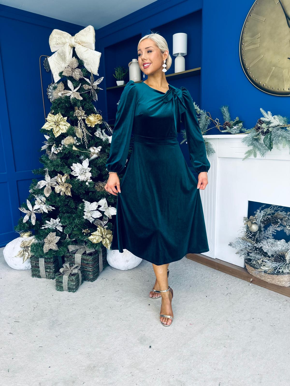 Lindsey Bow Detail Velvet Occasion Dress Forest